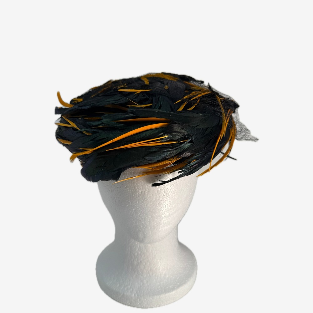 Vintage Christian Dior Chapeaux Feather Hat Netted Bow Green Orange 1950s 60s